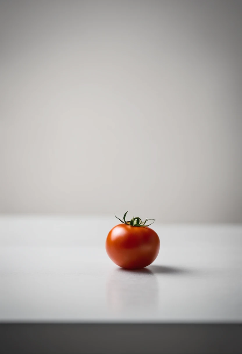 a minimalistic shot of a single tomato against a clean, white or monochromatic background, allowing its bold color and smooth skin to be the focal point