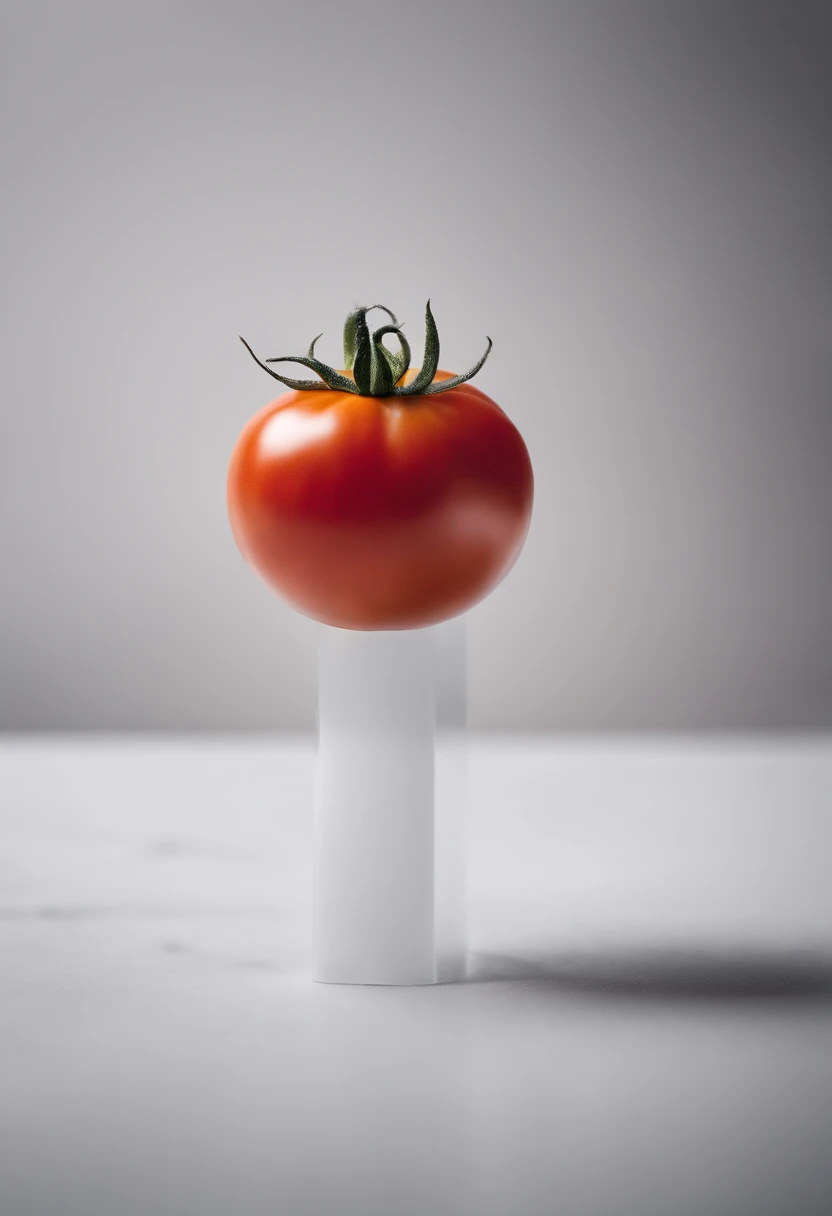 a minimalistic shot of a single tomato against a clean, white or monochromatic background, allowing its bold color and smooth skin to be the focal point