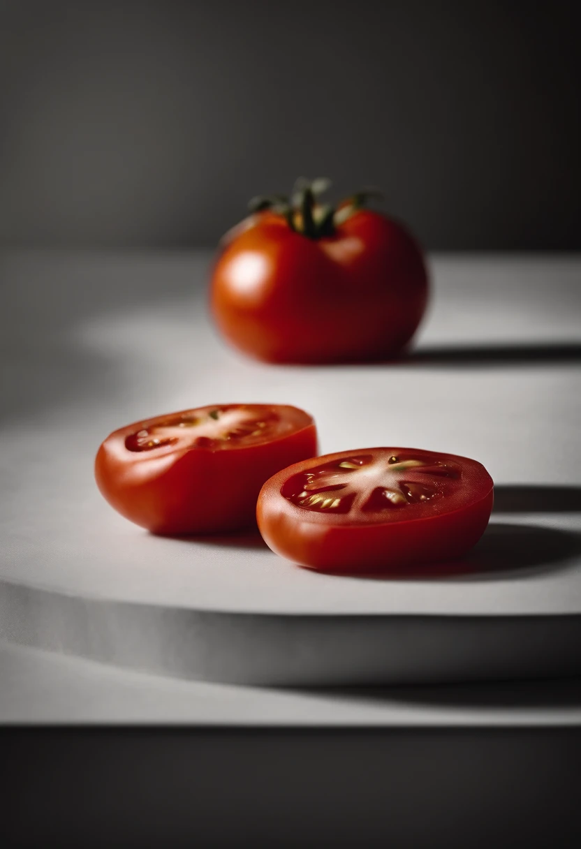 a minimalistic shot of a single tomato against a clean, white or monochromatic background, allowing its bold color and smooth skin to be the focal point