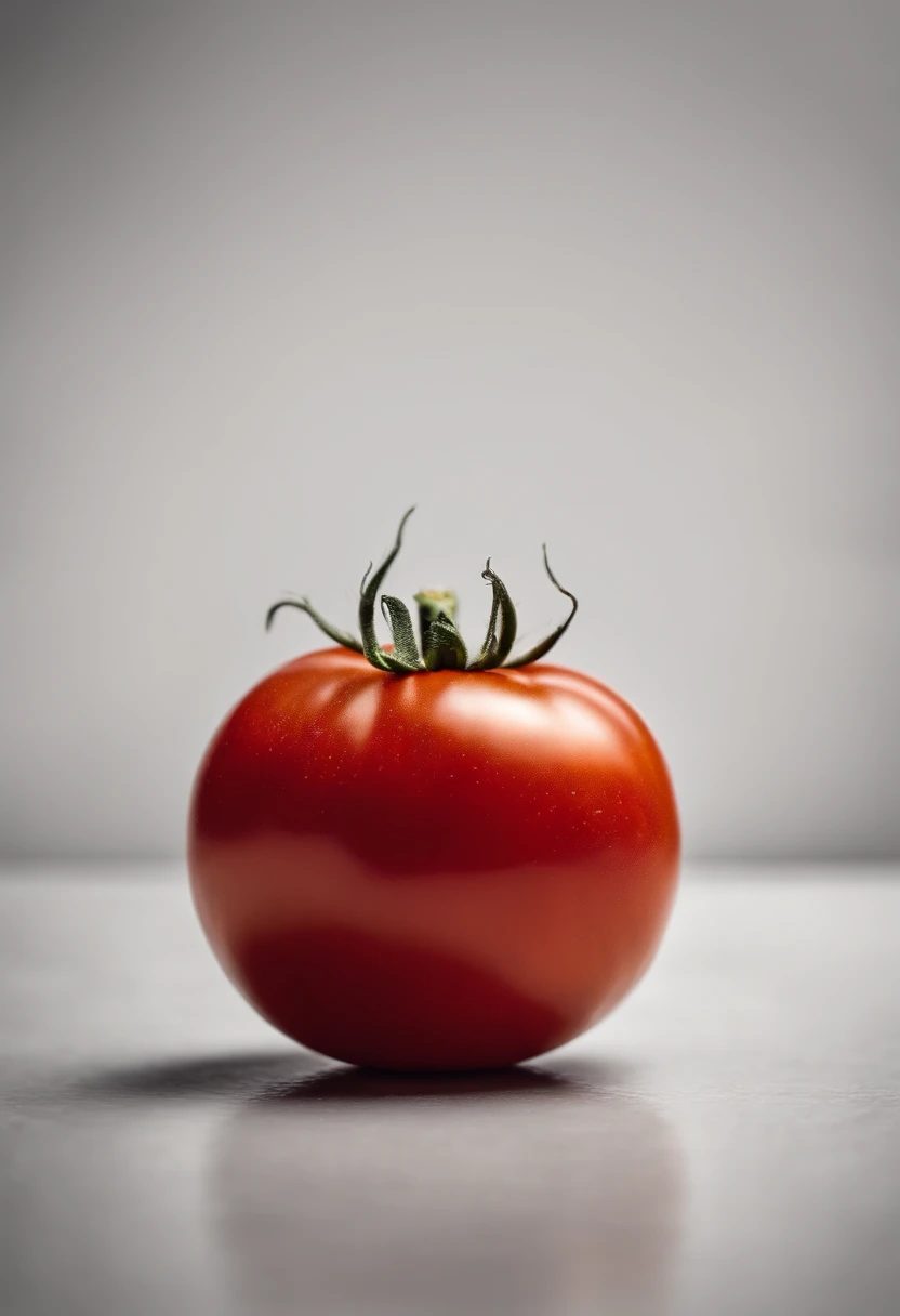 a minimalistic shot of a single tomato against a clean, white or monochromatic background, allowing its bold color and smooth skin to be the focal point