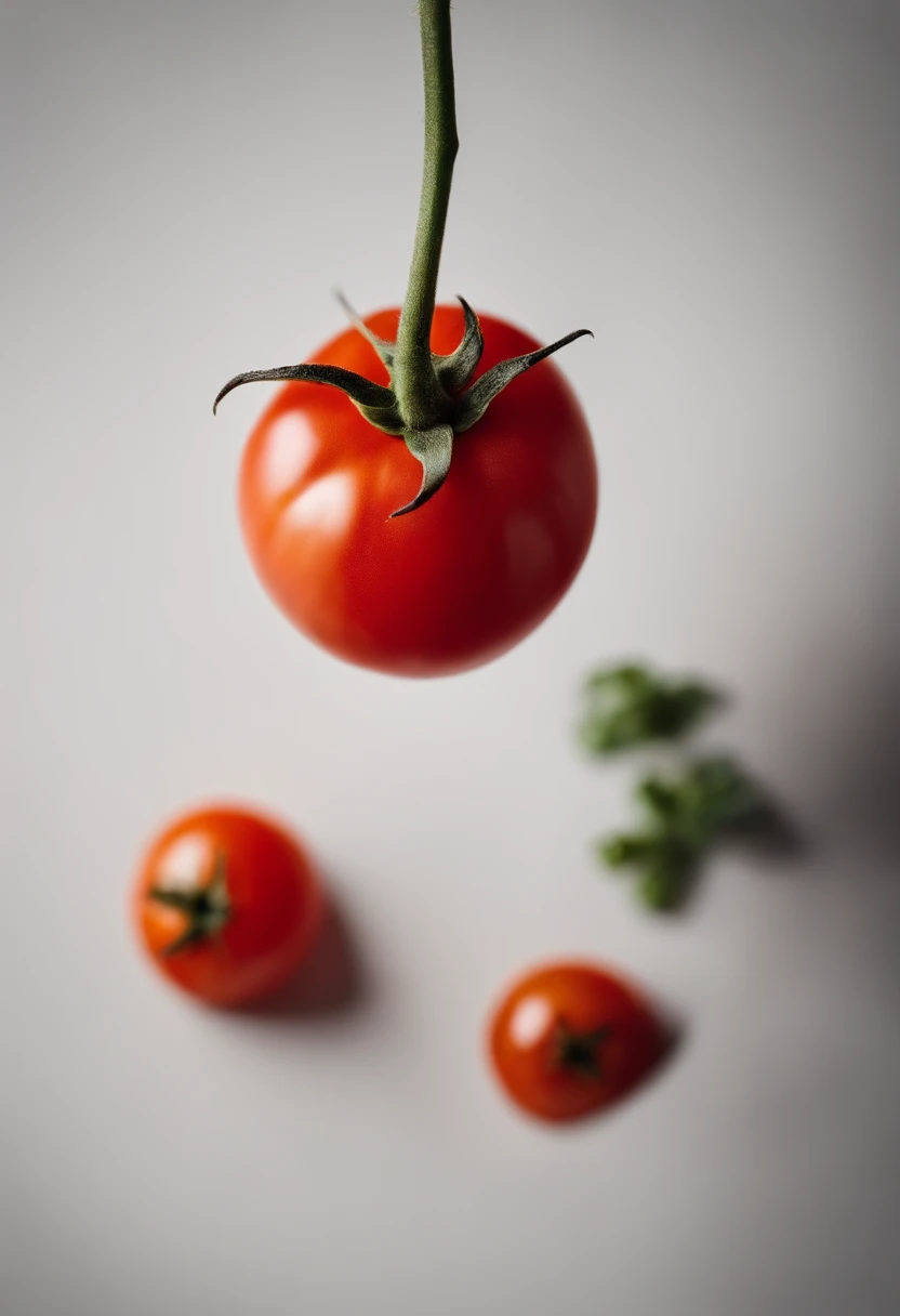 a minimalistic shot of a single tomato against a clean, white or monochromatic background, allowing its bold color and smooth skin to be the focal point