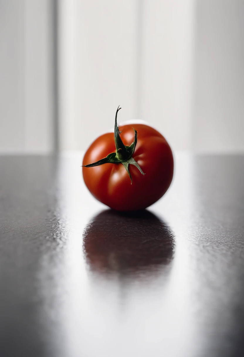 a minimalistic shot of a single tomato against a clean, white or monochromatic background, allowing its bold color and smooth skin to be the focal point