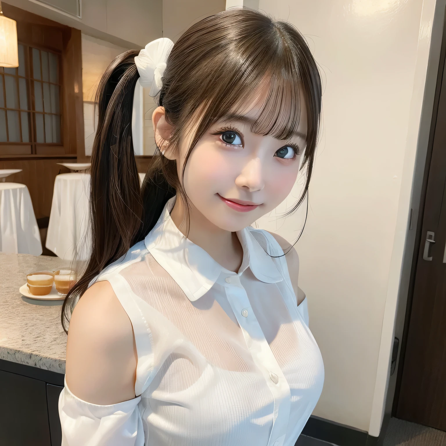 Adorable, japanaese girl,  ( White collared shirt:1.3), Sleeveless,  Standing 、It&#39;s off shoulder.、Large valleys、Big breasts,Button is detached、 (Breast:1.0), 上半身_Body, Office,  hair scrunchie,  , (High color saturation:1.0),  (highlydetailed skin), (Best Quality:1.0), (超A high resolution:1.0) ,(photographrealistic:1.0), (ultra-detailliert:1.0), (8K, Raw photo:1.1),(See-through:1.3), (Smile, Looking at Viewer:1),(nffsw:1.0)、Well-formed hands、Clean hands、a baby face、nogizaka、Beautiful black eyes:1.３、17-year-old schoolgirl、Arms thrown behind the back、cafe beautiful coffee shop、Stylish atmosphere