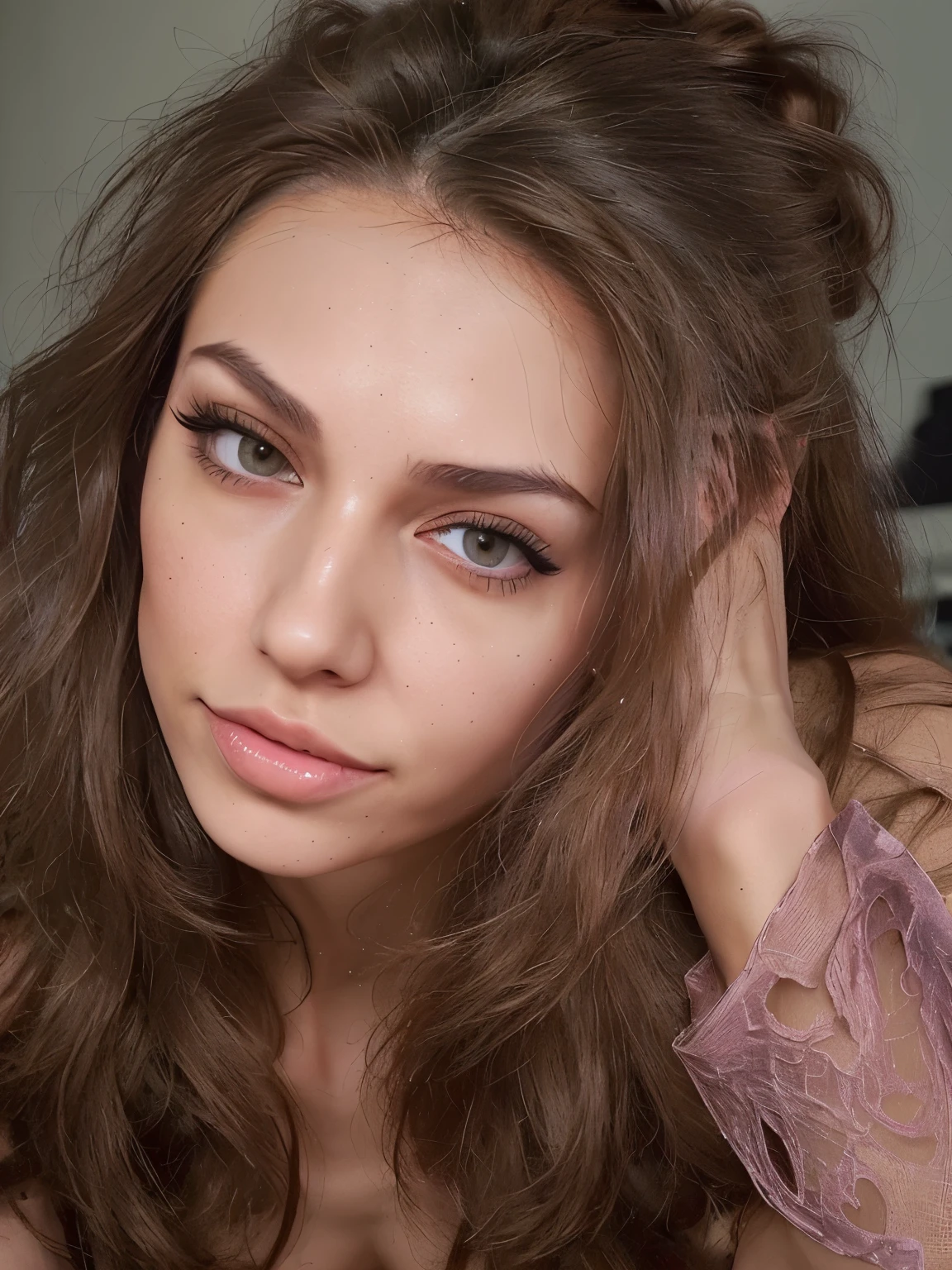 Create a skinny instagram model using my facial structure on a skinny face and using the body of a skinny sexy woman that is fit and big busted and a big butt and a small waist in a sexy dress in a full body shot