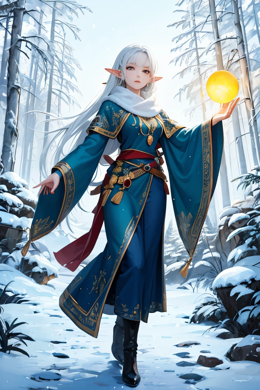 Female elf with white hair and bright green eyes. Serene presence, dressed in colorful winter robes. An orb with many metal rings around it levitates beside her hand. She is on a wintery mountain road.
