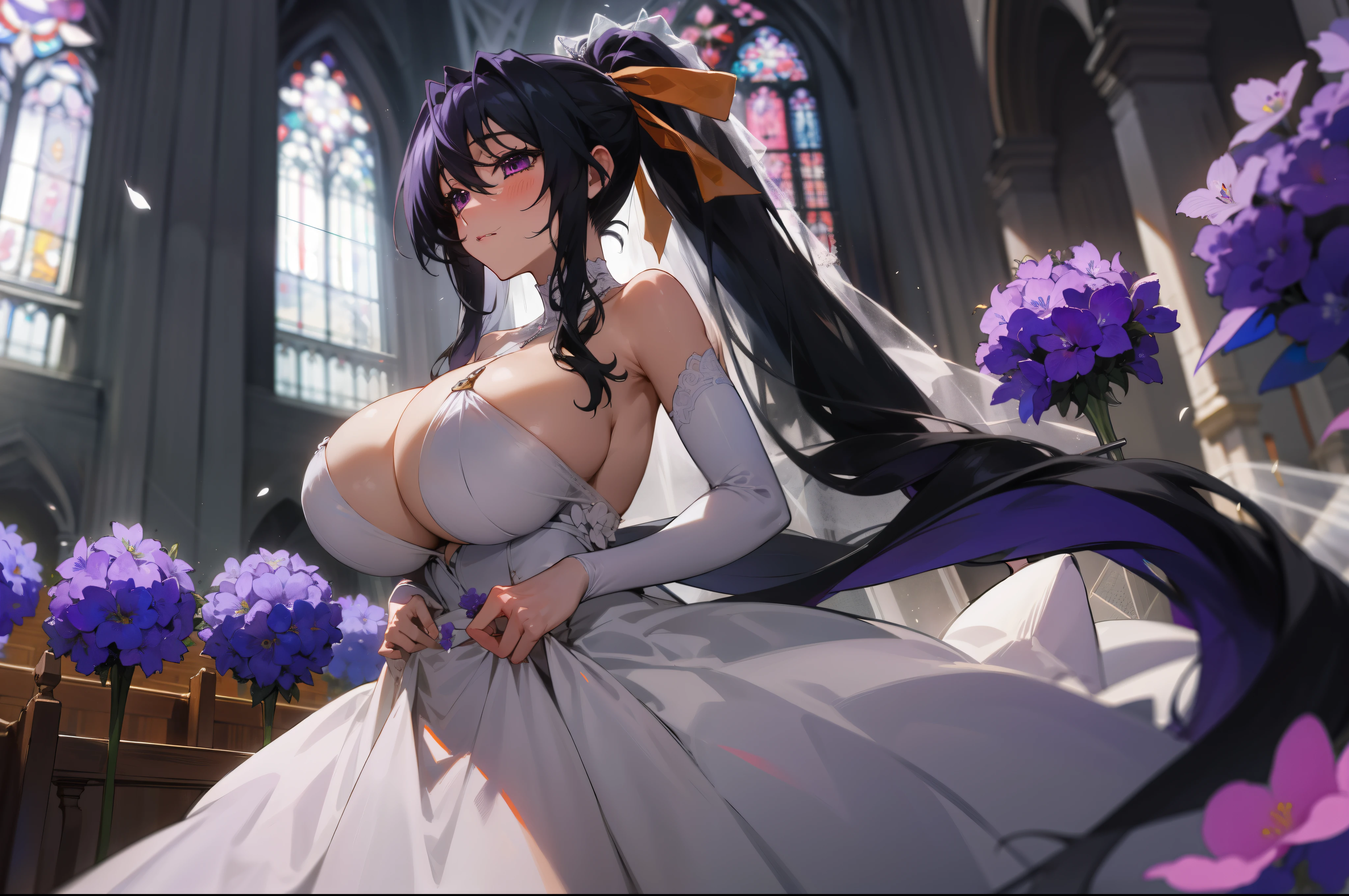 (1girl), himejima_akeno, black hair, ponytail, ((very long hair)), ribbon,), huge tits, purple Flowers, in a wedding dress, church, bridal veil,