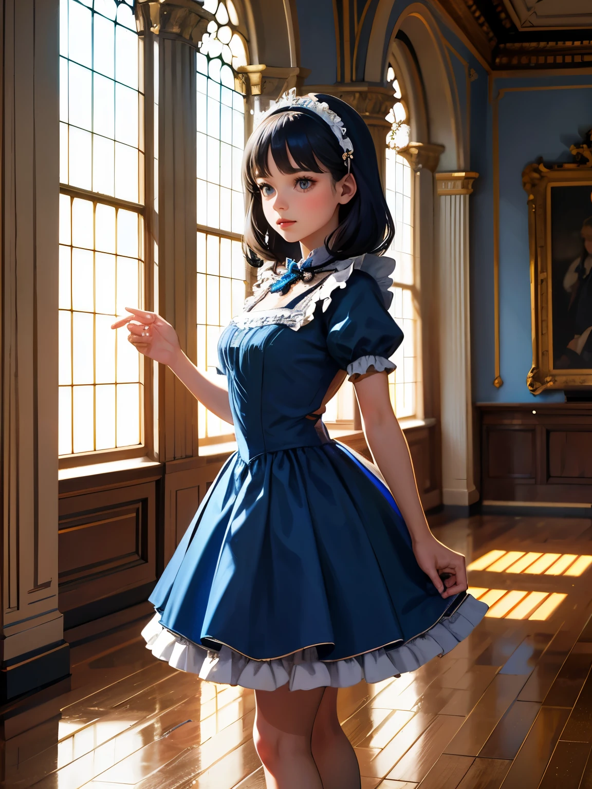 Very young U.S.A girl Virginia Otis in the Canterville Castle in a blue dress posing in front of a building, fantasy style clothing, rococo ruffles dress, rococo dress, anime girl , loli in dress,  of a catboy! maid! dress, fantasy dress, victorian blue dress, alice from alice in wonder land, like alice in wonderland, retro and fantasy style, maid dress, U.S,A girl in England