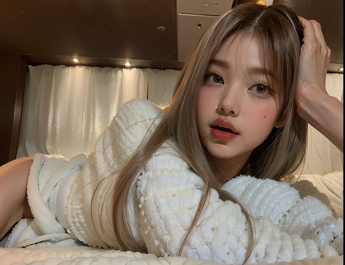 hay una mujer acostada en una cama con una manta blanca, Lalisa Manobal, flequillo blanco, Cabello largo y blanco y flequillo, Dasha Taran, Anna Nikolanova aka Newmilky, long hair con flequillo, long hair con flequillo completo, con flequillo, con flequillo completo, flequillo esponjoso, Lalisa Manoban de Blackpink, posando en la cama, Whitebangs