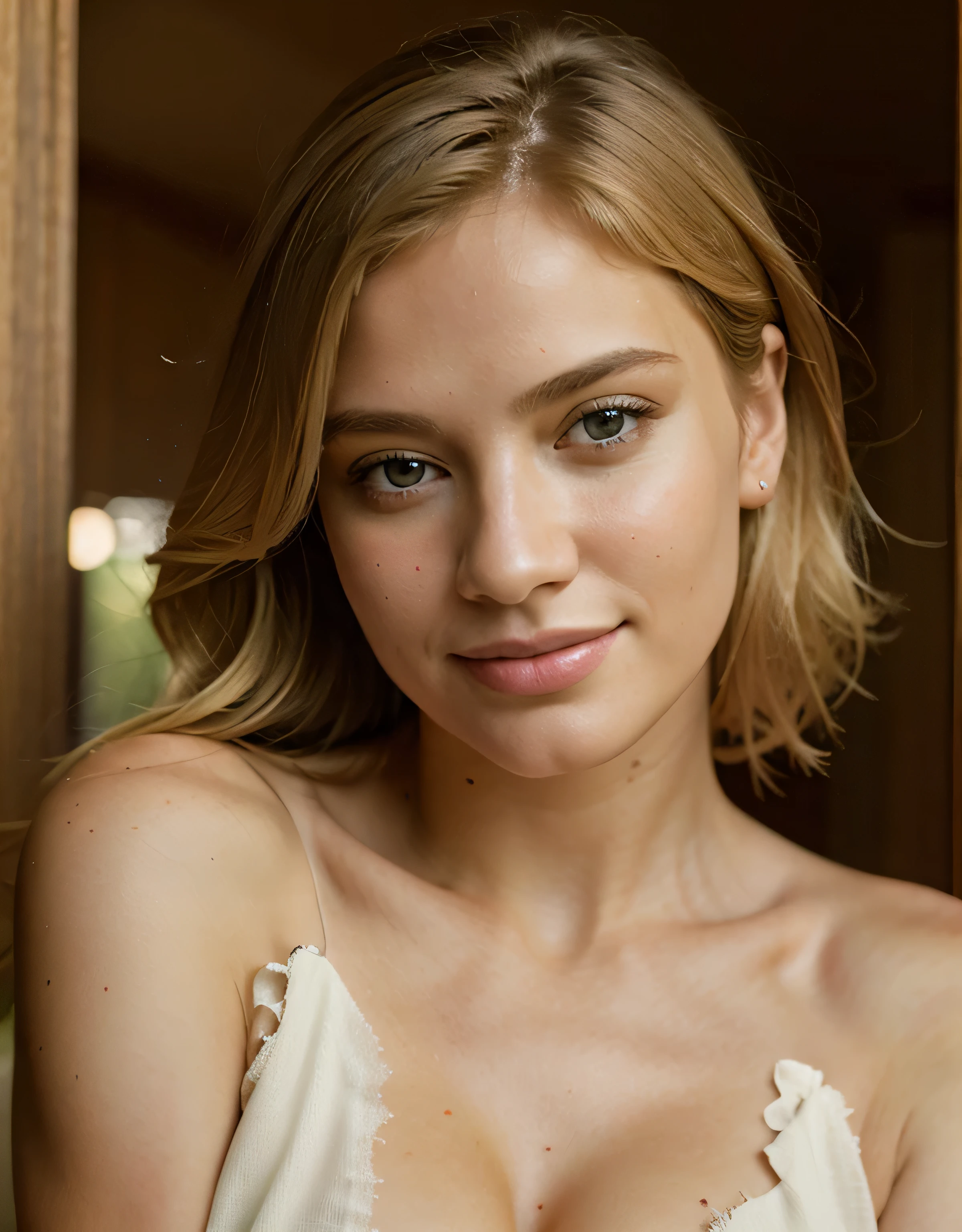 ((Masterpiece, best quality)),photography, detailed skin, realistic, photo-realistic, 8k, highly detailed, full length frame, High detail RAW color art, diffused soft lighting, shallow depth of field, sharp focus, hyperrealism, cinematic lighting,close up, smiling, beautiful blonde edgAus_woman, posing for a picture, a portrait of a woman, v shaped cleavage , with frills