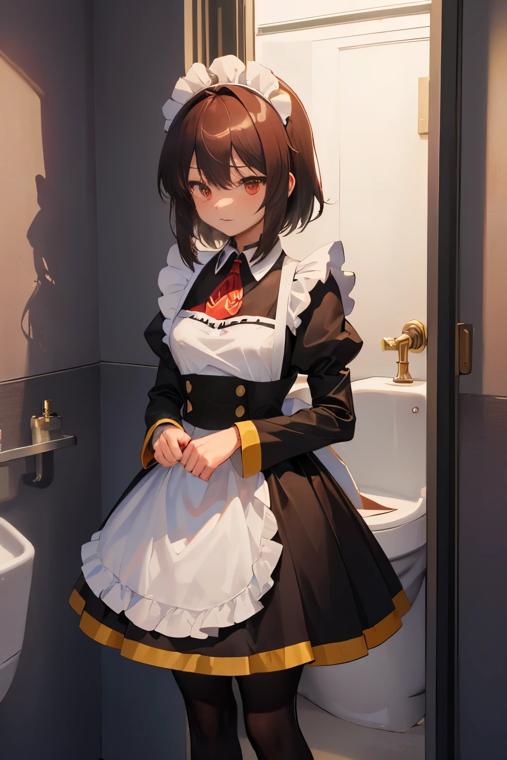 master part, best quality, ultra-detalhado, Sharp, Epic lighting, cinematic  composition, 1girl, sozinho, Megumin\(Konosuba\), fofo, cabelos castanhos , short hair, medium breasts, (cabelo curto), red eyes, (roswaal mansion maid uniform:1.1), baré shoulders, mangas largas, avental, (white pantyhose:1.3), (vassoura:1.1), (cowboy shot:1.1), do lado, limpeza, Standing, expressionless, (urinal, toilet, estolar, Telhas, door, Banheiro, janela, afundar, torneira:1.1), (8k:1.1),