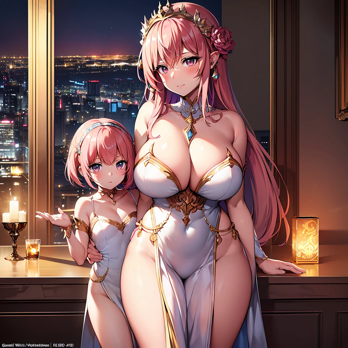 Detailed advertising posters, Award-Winning Works,(top-quality,High resolution,(Ultra high definition,4K), (超A high resolution,in 8K),masutepiece:1.2), (Perfect Anatomy,Anatomically accurate), ((Angle from top)), (Soft lighting, rendered), ((very beautiful goddess mother and daughter)), ((detailed goddess)), (((evening gown))), ((Beautiful night view from the luxury lounge)), (shoulder to shoulder, Goddess mother and daughter standing), (fascinated expression), (extremely detailed and beautiful face), (Crisp double eyelids), (Large breasts:1.3), (Soft skin), (Photorealistic), (shinny skin), (pinkhair), (Pixie Cut)