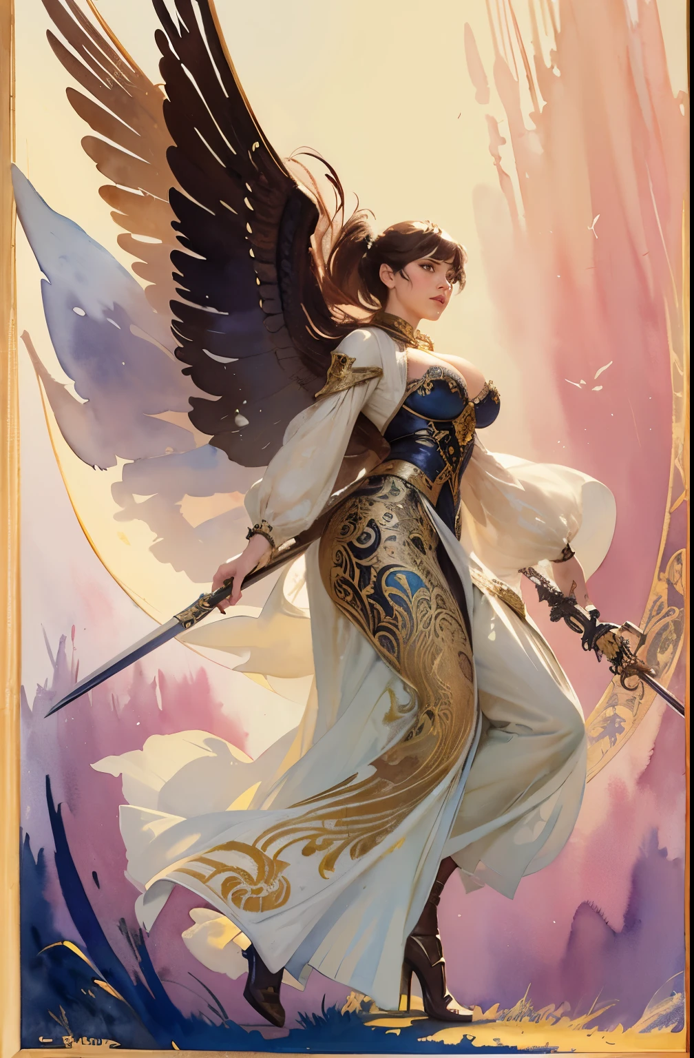 ((masterpiece)), (best quality), (cinematic), art nouveau style watercoloroil painting ,female warrior,large breasts, big eyes, long thick eyelashes, cleavage, full lips, long thick hair, wide hips, high ponytail. taking a big sword , featuring intricate designs and patterns in the style of Alphonse Mucha. a female mature warrior with mechanical wings on her back is shouting and running in front of a giant flying mechanical device in a battleground, curvy woman, cleavage,high heels , steampunk style, holly armor, long fair hair, bangs, fair skin, taking a long sword, dynamic angle shot, wind, dynamic pose, (watercolor painting by John Singer Sargent:1.4)