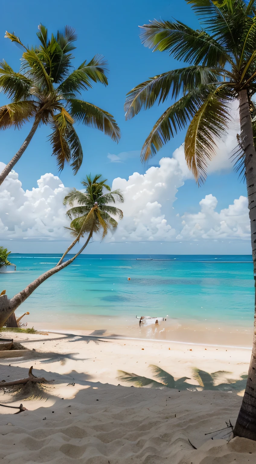 Create the image of a paradisiacal beach with coconut trees and palm trees.