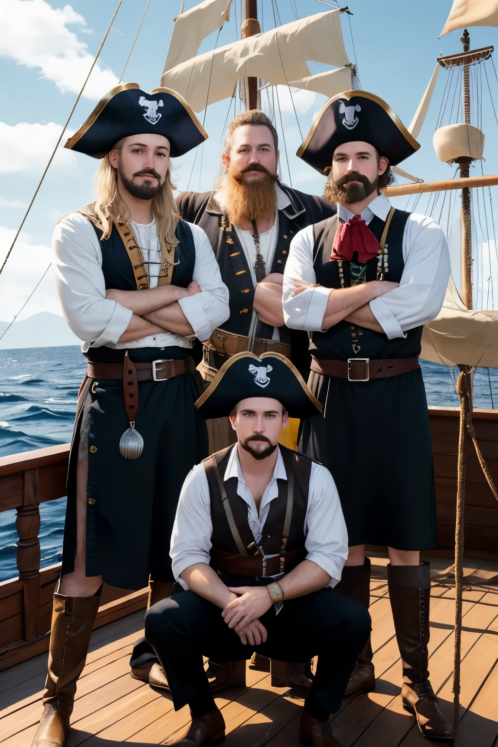 A blonde pirate captain, a burly hairy first mate, a strong chef with a moustache, and a fit Mormon pirate. All standing on the deck of a pirate ship posing