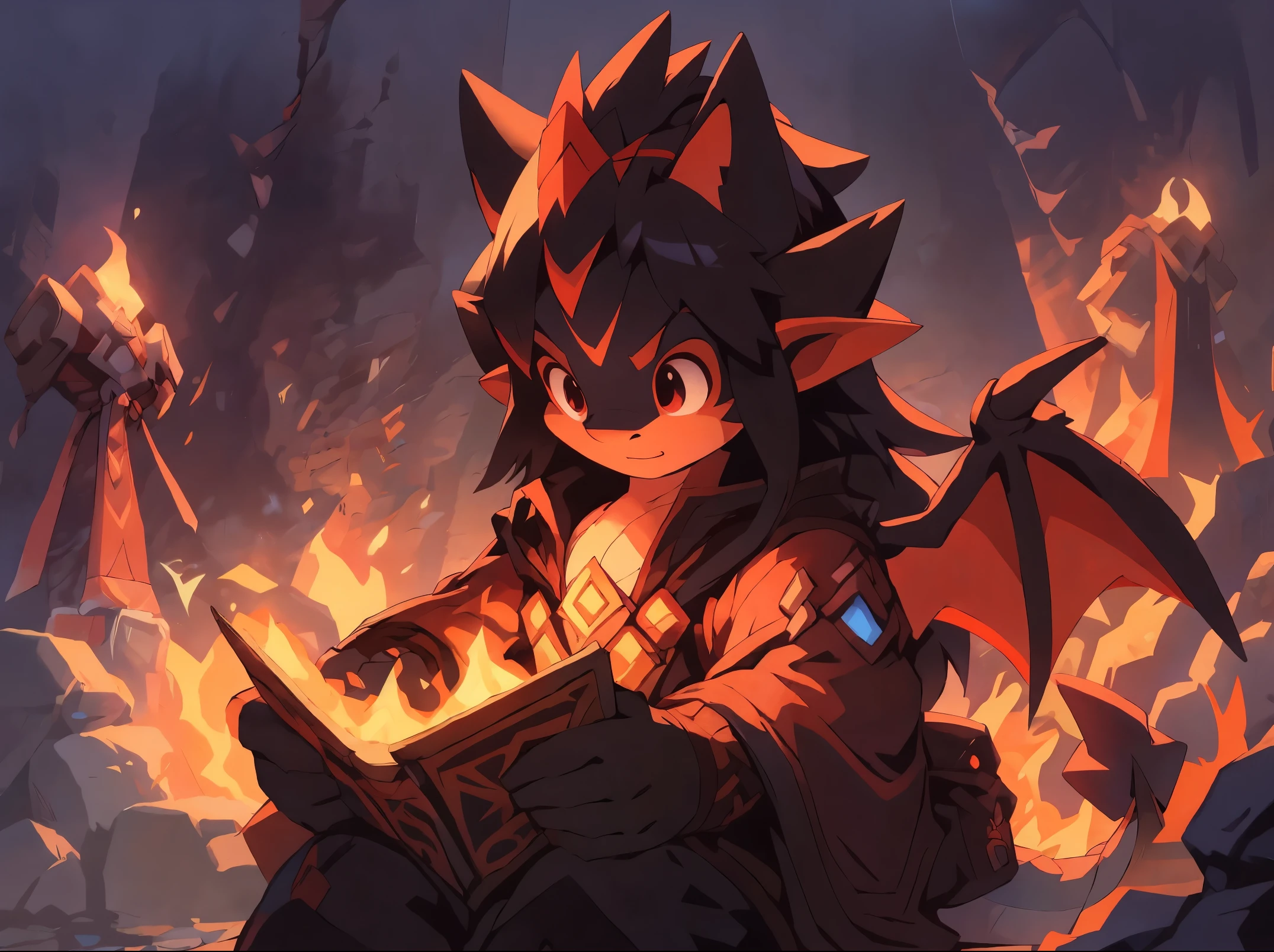 extremely detailed illustration of a mystic dragon man with long dark hair, (short beard) wearing dark robes, antropomorphic dragon man, black dragon wings, vector art, cartoon, in a fire dungeon, estalactites, rocks, whimsical, beautifully detailed envionment, video games, JRPG, 32k resolution, best quality possible