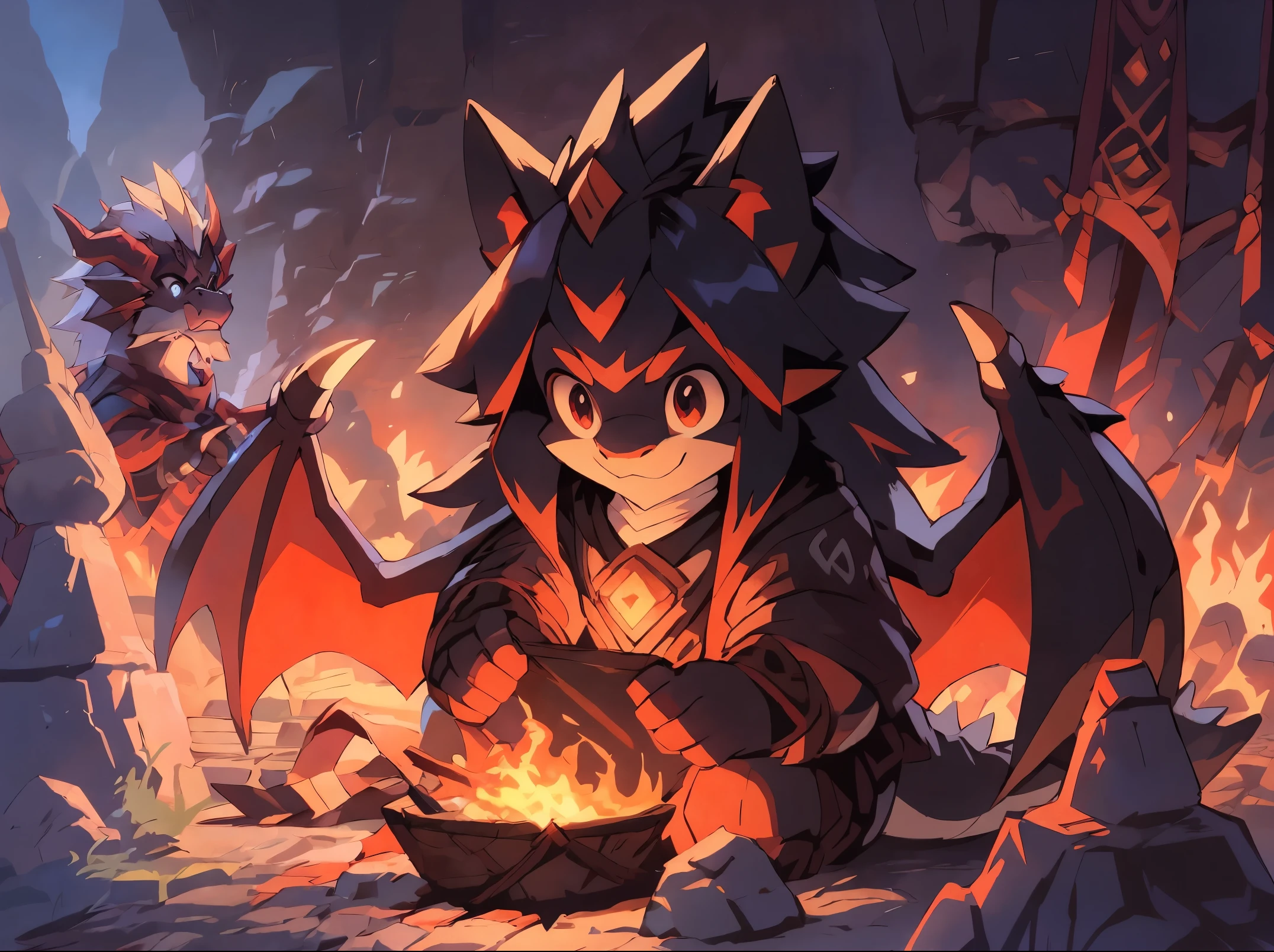 extremely detailed illustration of a mystic dragon man with long dark hair, (short beard) wearing dark robes, antropomorphic dragon man, black dragon wings, vector art, cartoon, in a fire dungeon, estalactites, rocks, whimsical, beautifully detailed envionment, video games, JRPG, 32k resolution, best quality possible