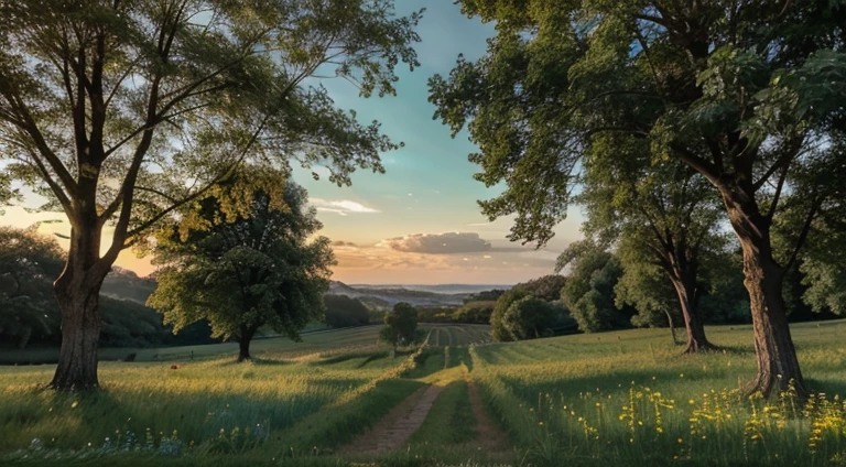 "Find peace and serenity in a bucolic scene: a vast green field stretches at the foot of a hill, adorned by wildflowers and shady trees. The sky reveals itself in all its magnitude, pintado com tons suaves de azul e salpicado de nuvens brancas fofas. Uma aura espiritual ilumina o horizonte, bringing a sense of deep connection with nature and the divine. Allow yourself to absorb the energy of this celestial setting and feel the synchrony between your soul and the world around you.."