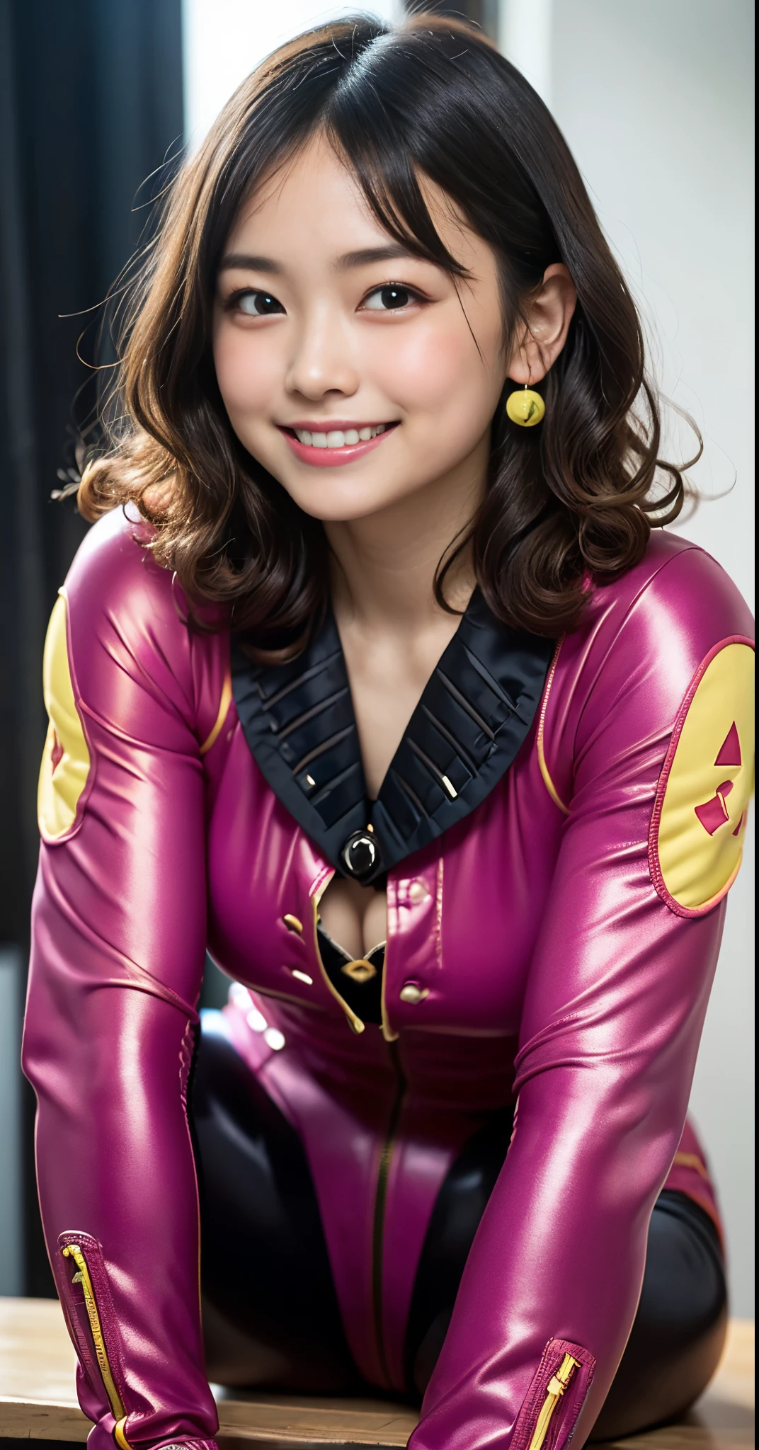 (8K、Raw photography、top-quality、masterpiece:1.2),(Open your legs wide),(A dark-haired、Curly hair:1.7),watching at viewers,Looking at the front,Erotic,de pele branca,(brightly colored plug suit:1.7)、(Clothing that emphasizes the shape of your chest、exposing the skin:1.4)、(Colossal tits:1.3)、超A high resolution,,ren,Beautiful fece,(One Person, 独奏、without background:1.8),fullllbody,hi-school girl,A Japanese Lady,is standing,(Photorealsitic:1.37)、Photon mapping,Realistic、(Cute little face: 1.7)、(Cute smile: 1.7)、(with round face: 1.8)、Radio City、Physically Based Rendering、Foreground、depth of field rally background、a picture,beauty legs, (Knees are visible,Thigh close-up:1.4),full body Esbian、Nogizaka Idol, Japanese ido、Colossal titsle body esbian、super definition、Sit on a desk and spread your legs