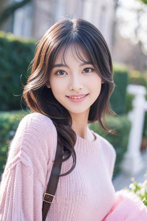 Beautiful woman with good eyes and nose、Beautiful as a model、Cute like a model、Eyes are double、How to use regular mascara、Eye color blue、Hair color pink、Her face is delicate and elegant.、8k picture、Beautiful style like a model、Ordinary large、A refreshing and lovely smile、Snowball fight scene、Contains 2 types of scenes: inside and outside the house、Pose like a model、Overall portrait、Snapshots、Glamaloid Smile、Beautiful and delicate face like a model、Best Quality、masuter piece、Cute smile、 Elegant beauty、The season is winter、