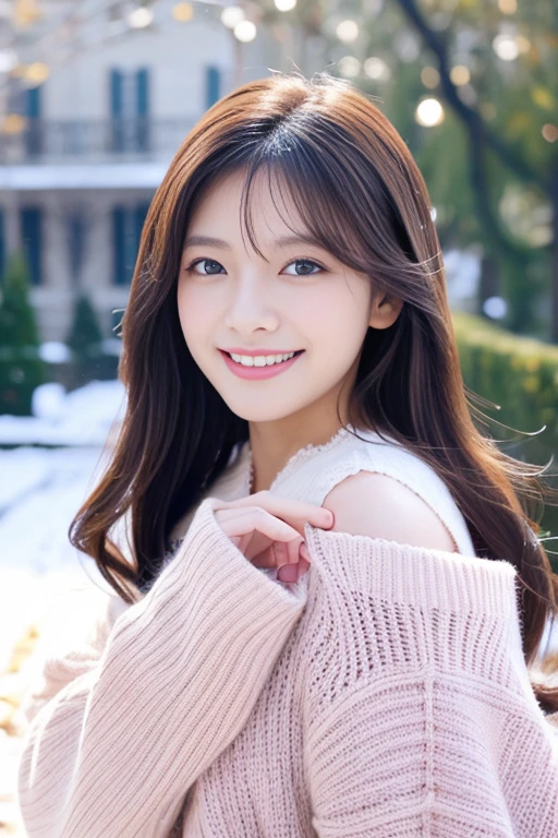 Beautiful woman with good eyes and nose、Beautiful as a model、Cute like a model、Eyes are double、How to use regular mascara、Eye color blue、Hair color pink、Her face is delicate and elegant.、8k picture、Beautiful style like a model、Ordinary large、A refreshing and lovely smile、Snowball fight scene、Contains 2 types of scenes: inside and outside the house、Pose like a model、Overall portrait、Snapshots、Glamaloid Smile、Beautiful and delicate face like a model、Best Quality、masuter piece、Cute smile、 Elegant beauty、The season is winter、
