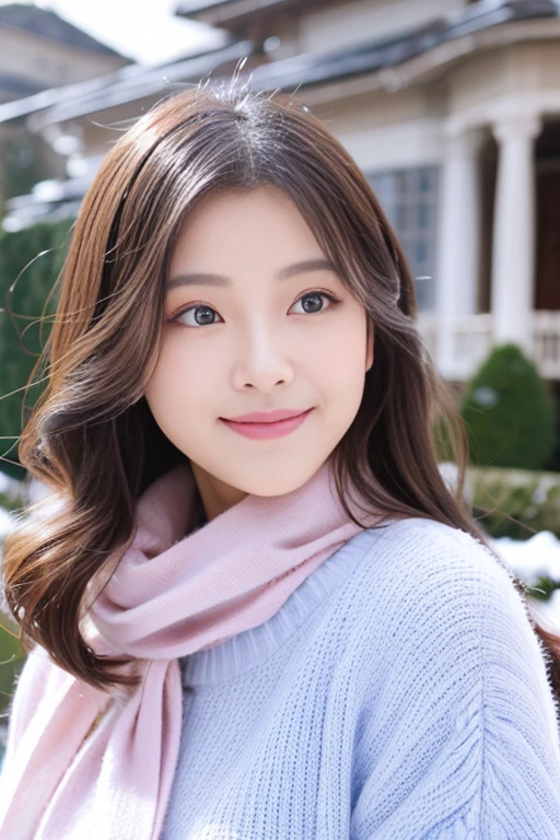 Beautiful woman with good eyes and nose、Beautiful as a model、Cute like a model、Eyes are double、How to use regular mascara、Eye color blue、Hair color pink、Her face is delicate and elegant.、8k picture、Beautiful style like a model、Ordinary large、A refreshing and lovely smile、Snowball fight scene、Contains 2 types of scenes: inside and outside the house、Pose like a model、Overall portrait、Snapshots、Glamaloid Smile、Beautiful and delicate face like a model、Best Quality、masuter piece、Cute smile、 Elegant beauty、The season is winter、