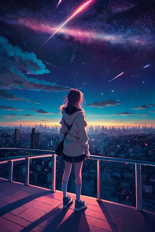In an anime-style illustration, a beautiful young woman, approximately 18 years old, stands at a distance, watching the night sky and city lights, while shooting stars streak across the celestial canvas.