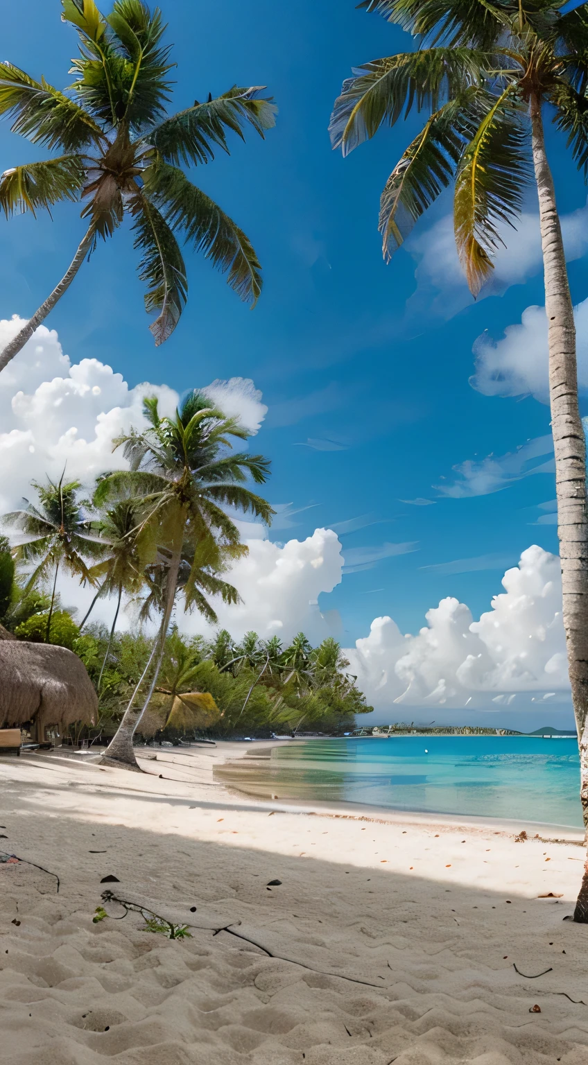 Create the image of a paradisiacal beach with coconut trees and palm trees.
