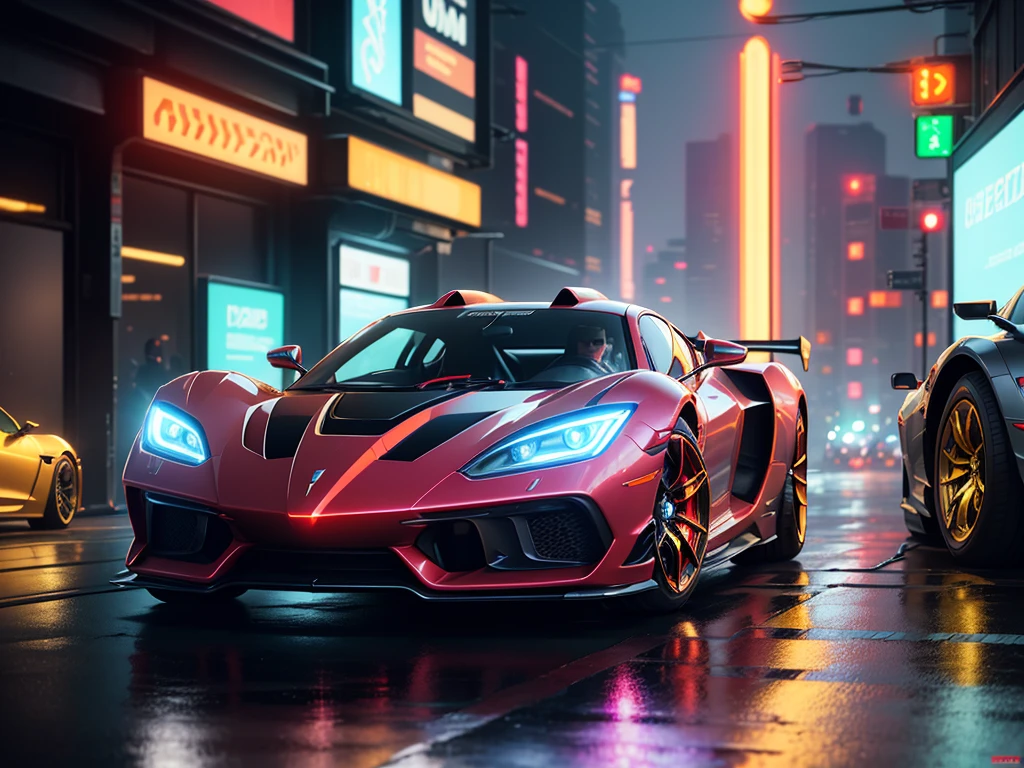 (1 transparent super car on gorgeous cyberpunk city streets)，Red and gold metal，cyberpunk characters，industrial design，Smooth design feel，Sophisticated body structure，cleanness，(((Transparent visual impact)))，(((Brilliant neon lights)))，white backgrounid，ultra-realistic realism，hyper HD，high details，best qualtiy，4K,