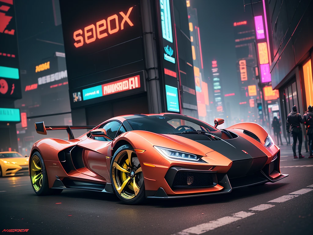 (1 transparent super car on gorgeous cyberpunk city streets),Red and gold metal,cyberpunk characters,industrial design,Smooth design feel,Sophisticated body structure,cleanness,(((Transparent visual impact))),(((Brilliant neon lights))),white backgrounid,ultra-realistic realism,hyper HD,high details,best qualtiy,4K,