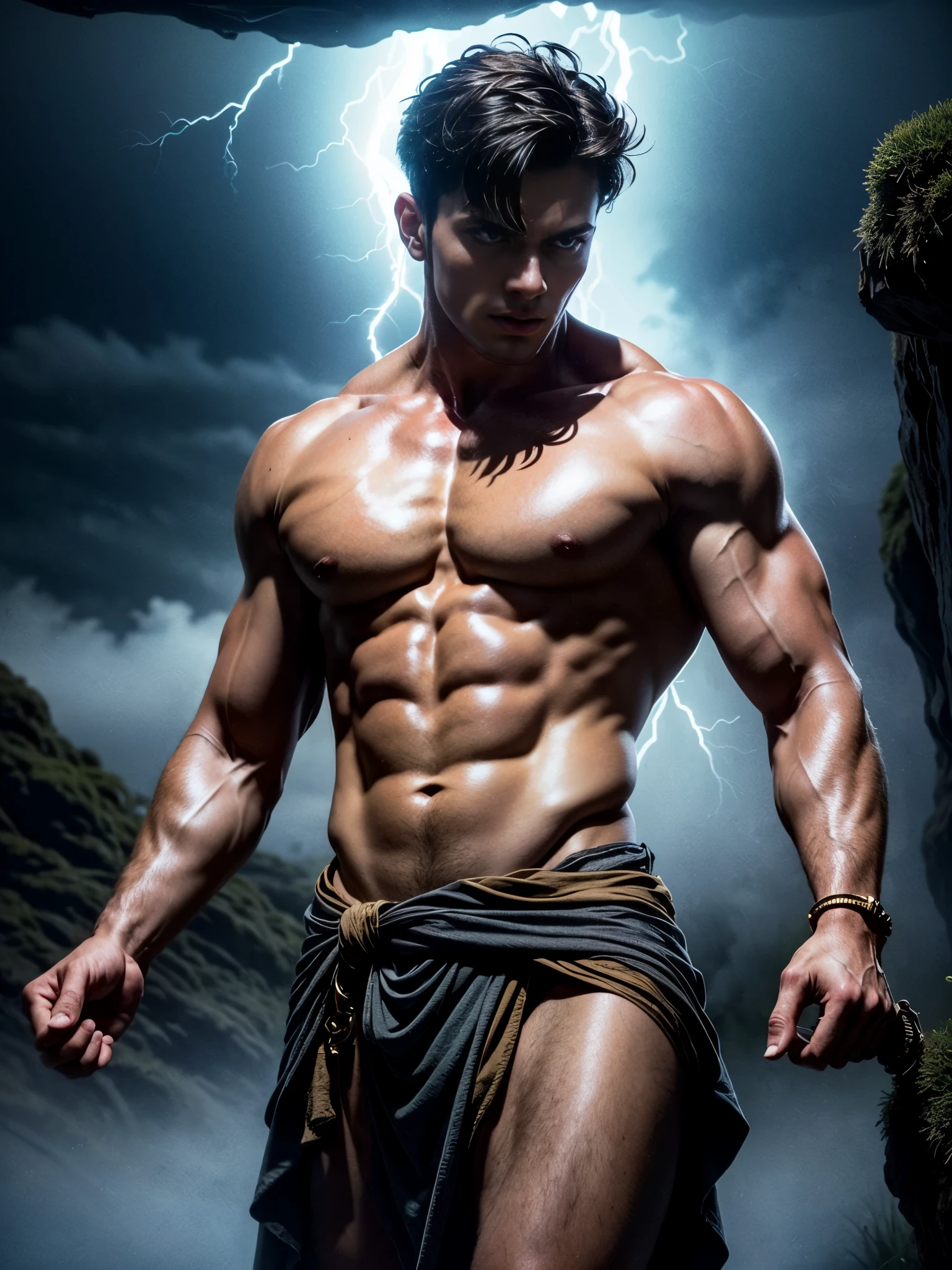 ((masterpiece)),((best quality)),8k, high detailed, ultra-detailed, Stylish Pose, real skin texture, dark cinematic lighting, 24 year-old Italian male model, handsome italian, cute looking, divine look, powerful light blue eyes, Zeus god, god of thunder, Jupiter, godly, , bending electricity, displaying the ability to manipulate lightning, creating massive lightning, white pale skin, roman god physic, intense blue eyes, dry hair dry short brown messy hair, strong jawline, masculine, muscular, defined fit body, hairless chest, shirtless, pantless, open sea, sinister aesthetic, black storm clouds, arm bracelet, lightning, clouds, thunder, walking towards the camera, (isolated:1.4), in the wilderness, natural enviroment, (in the middle of nowhere:1.6), (tule fog:1.4), (in the middlea thick fog:1.3), night dark storm, barelegged, barechest, barefoot, antique linen spartan loincloth , white linen antique draped cloth skirt, golden chain in roman skirt,,,, dim light, dark atmosphere, cinematic lighting, Depth of field, award-winning photography, elegant, hyperrealistic, octane render, unreal, high definition, 8k resolution, highly detailed, 8k uhd, professional lighting, photon mapping, radiosity, physically-based rendering