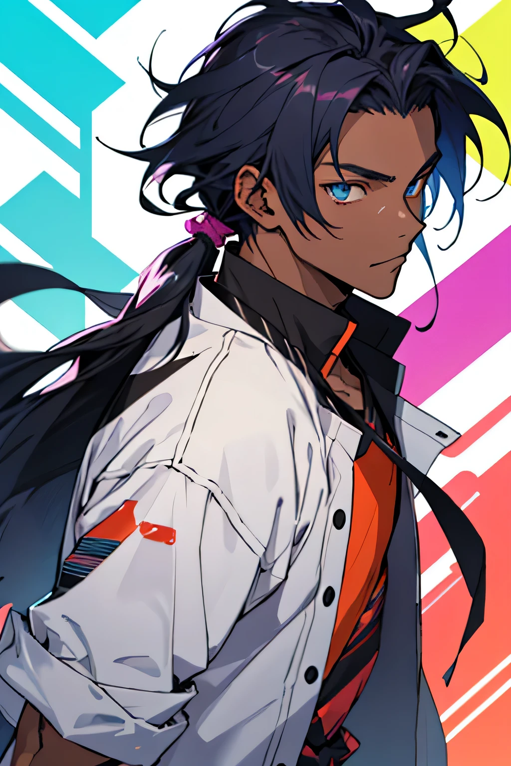 A 17-year-old anime boy with dark skin, long hair tied back, and vibrant eyes, always donning stylish, colorful attire
