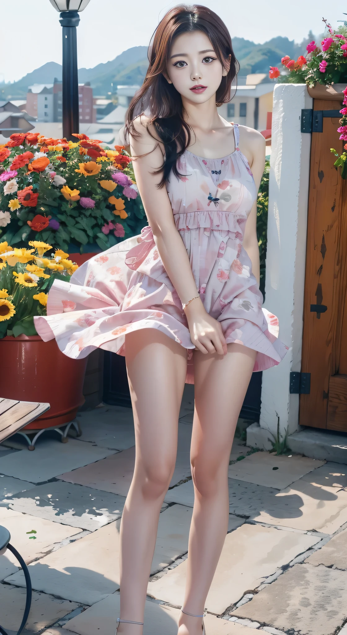 {{(top-quality、8K、32K、​masterpiece、nffsw:1.2)}} ,wearing a dress on the balcony, opened dress, waist high, photo of slim girl model, thin waist, 奈良美智, **** in dress, waist - shot, Young Pretty Gravure Idol, translucent  dress, sophisticated gravure idol, {{Wearing a pink dress}},(wind lift:1.6)、{{Esbian holds down her skirt with her hands....}}、{{(Facing the front,Shake your head) (embarassed expression)), (((スカートはthe windでまくり上げられます))) }}the wind、城市、outside of house