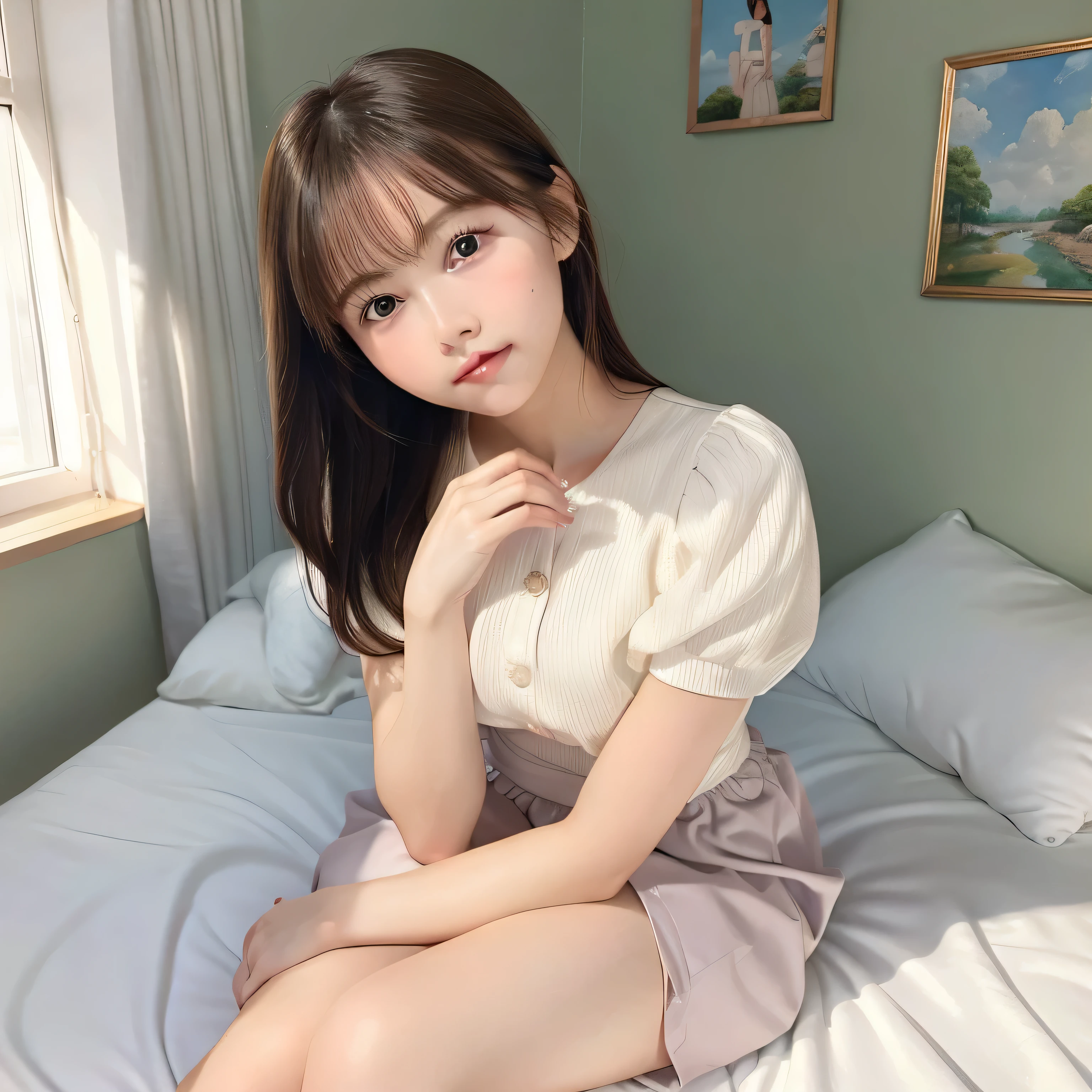 Baby Faced Girl, Small bust, Detailed eyes and lips, I keep my hair up and short、Delicate facial features, is wearing dress, sitting on、Hands on knees、bask in the warm sunshine, Enjoy the breeze, Medium: Oil Painting, Exquisite brushwork, Capture every delicate detail, hight resolution, Vivid colors, Super masterpiece:1.2, Soft pastel color palette, highlight the girl、;Innocence and purity, Natural lighting, creating a warm and inviting ambience、Unusual look、rosy cheeks、On the bed in the bedroom、sexy pose、thighs thighs thighs thighs、nogizaka、Beautiful black eyes:1.3、17-year-old schoolgirl