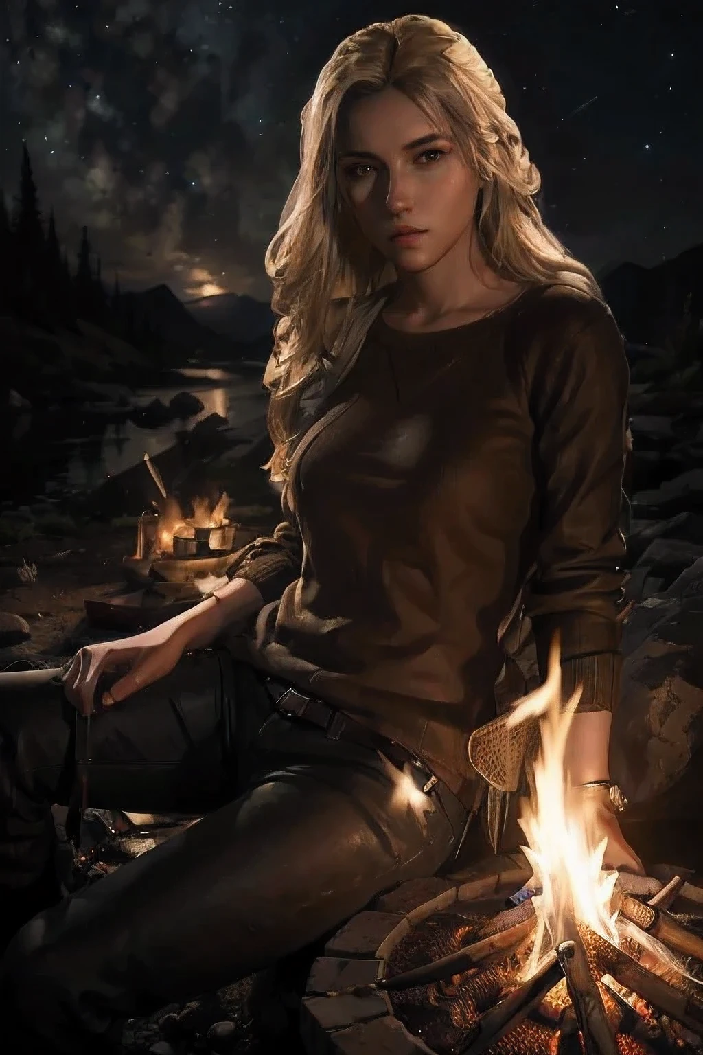 (masterpiece, best quality:1.3) UnchartedElenaFisher, long luscious straight blonde hair sweater, 1girl, solo, explorer, adventure, night skies, campfire, badass, awesome, cool, epic, photorealistic, detailed, high quality, Photorealism, CGSociety, by WLOP, Art