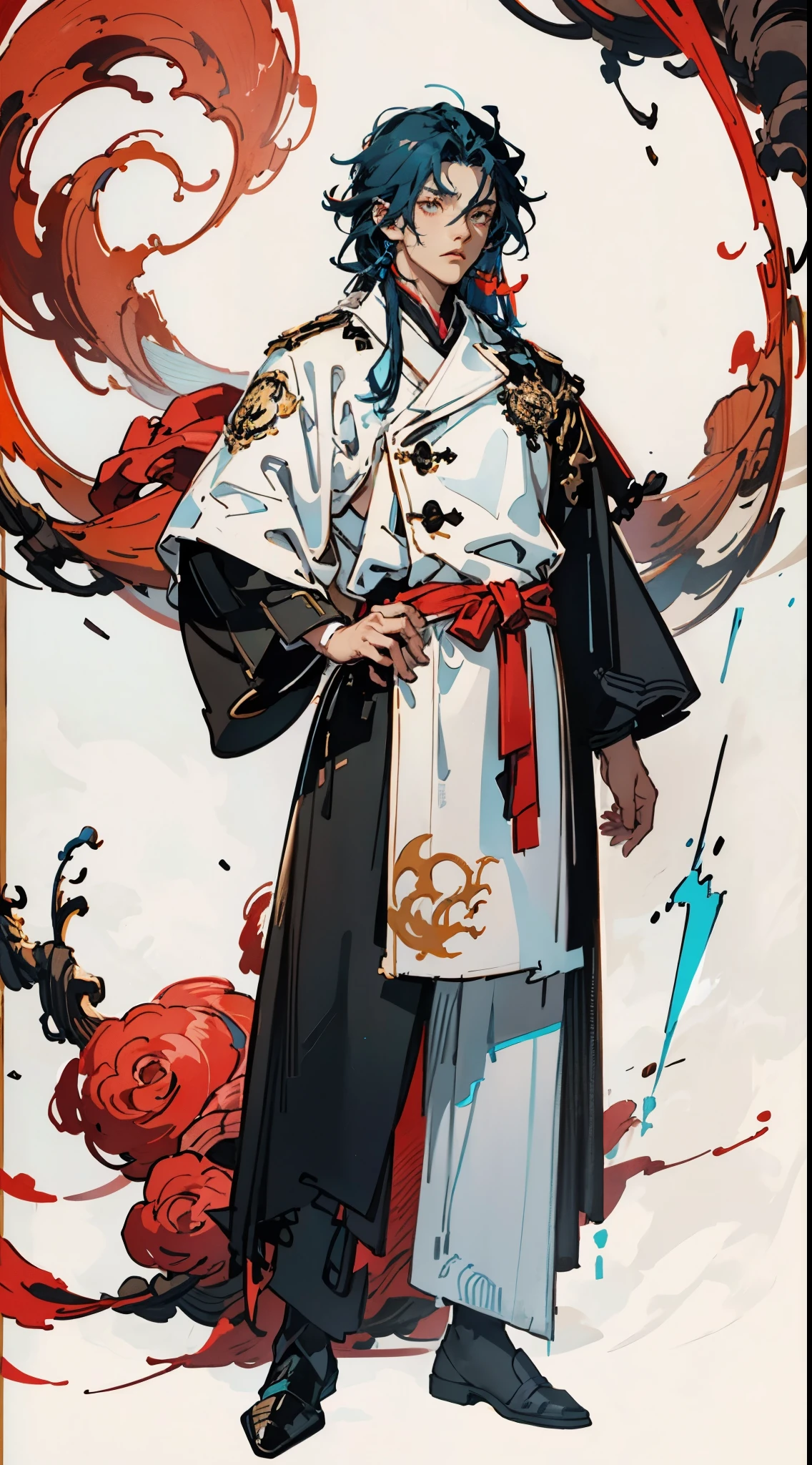 A young man with long slate blue hair, Unruly and frizzy hair, Sharp look, Firm face, It has a mixed West Asian and Eastern European appearance, Wuxia style tight trench coat robe, With flowing hem, The color scheme is mainly white, With red, white, and blue as secondary colors, Dark pants, Thick canvas shoes, He stands in a majestic pose, While the surrounding space is shattered and torn apart by energy, This character embodies the finely crafted fantasy-style Chinese animation style, Features a cool and mature manga illustration art style, Full body portrait drawing, high-definition, Best Quality, highres, A highly detailed, Ultra-high resolution panel, Highly sensitive, professional, anatomically correct, symetrical face, highly detailed eyes and face, high quality eyes, creativity, RAW photo, UHD, 8k, natural light, cinematic lighting, 巨作:1.5 Gilgamesh