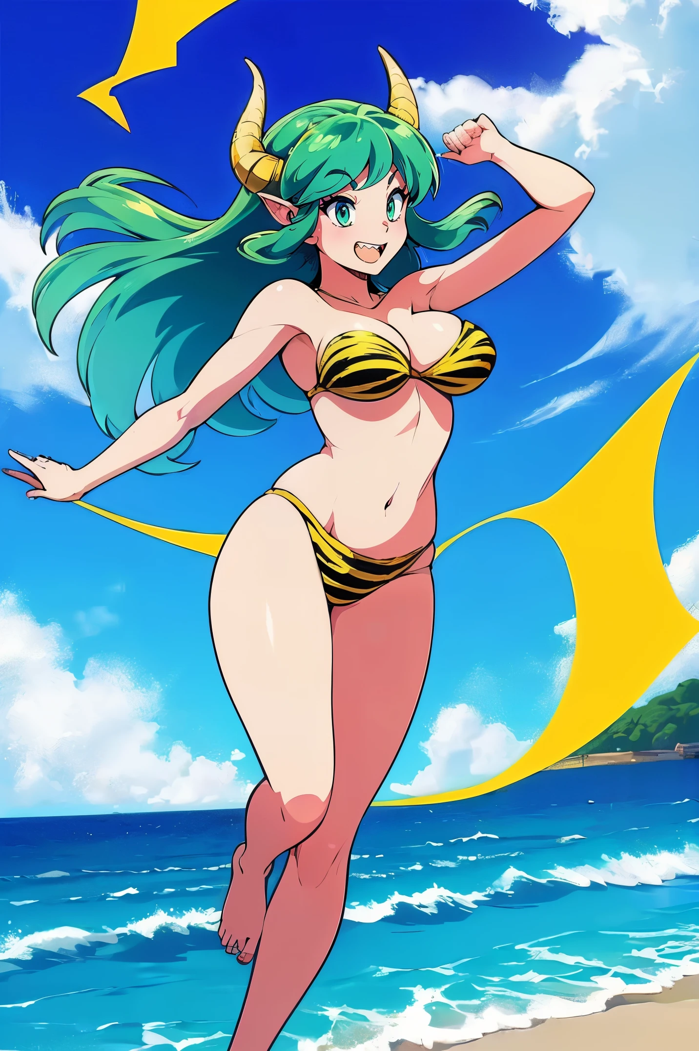 In style of Argerm, (best quality,4k,8k,highres,masterpiece:1.2),ultra-detailed,(r:1.37), vibrant colors, lum, lighting, beach scenery, bikini model, standing tall and confident, full body emphasis, alluring curves, prominent and voluptuous breasts, captivating green hair flowing in the wind, thunderous aura surrounding her, sharp and mesmerizing teeth, majestic horns protruding from her head.