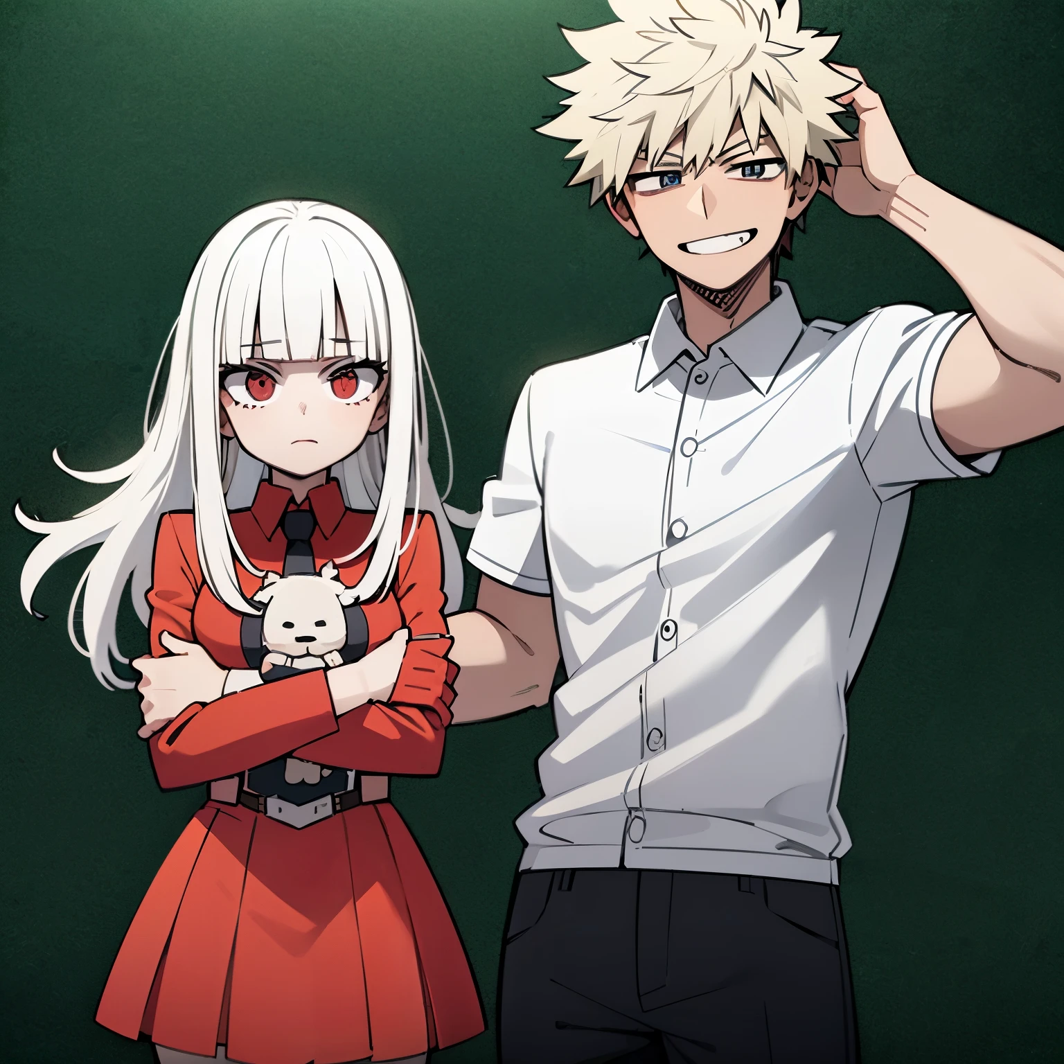 2pessoas / Katsuki Bakugo usando seu uniforme de heroi, with neutral expression, holding a girl in his arms (feminina) metade raposa, de cabelos castanhos longos e encaracolados, com vestido preto e olhos castanho, bem ruborizada, com um fundo de uma ponte.