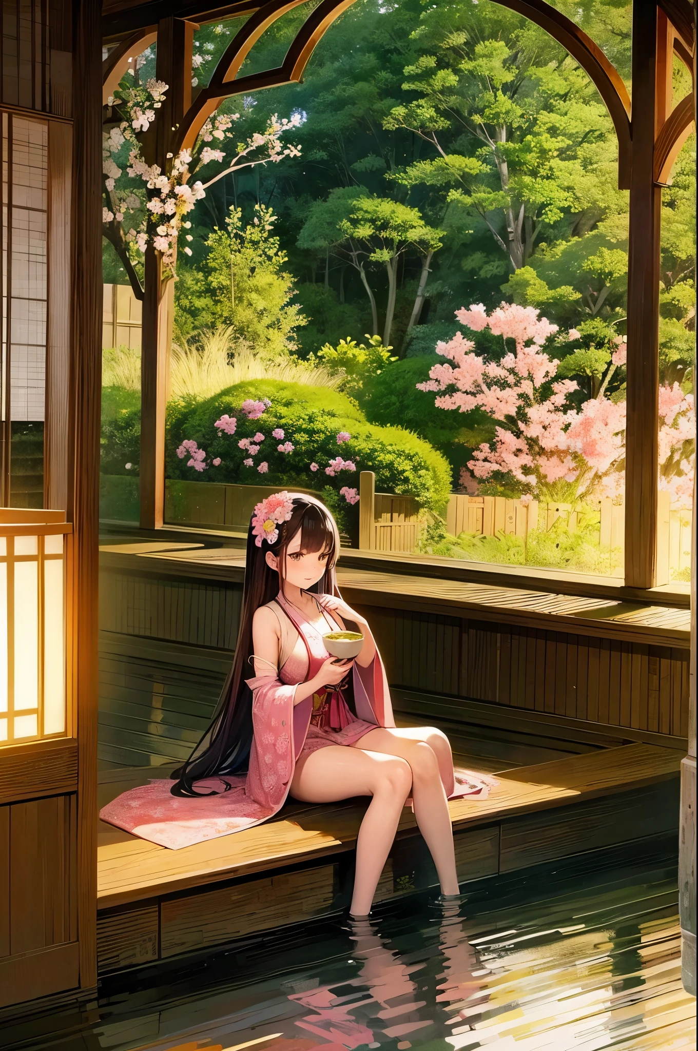 beautiful detailed eyes, traditional costume, serene garden, cherry blossom, flowing robes, graceful pose, bamboo forest, delicate embroidery, tea ceremony, ancient architecture, soft lighting, vibrant colors, dreamlike atmosphere, intricate details.