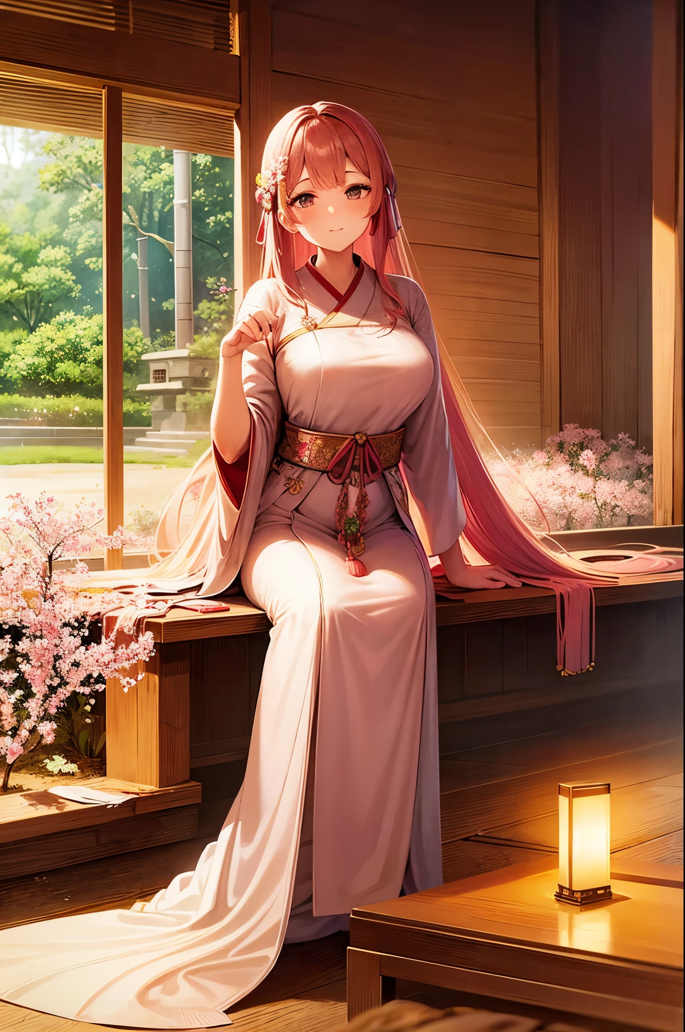 beautiful detailed eyes, traditional costume, serene garden, cherry blossom, flowing robes, graceful pose, bamboo forest, delicate embroidery, tea ceremony, ancient architecture, soft lighting, vibrant colors, dreamlike atmosphere, intricate details.