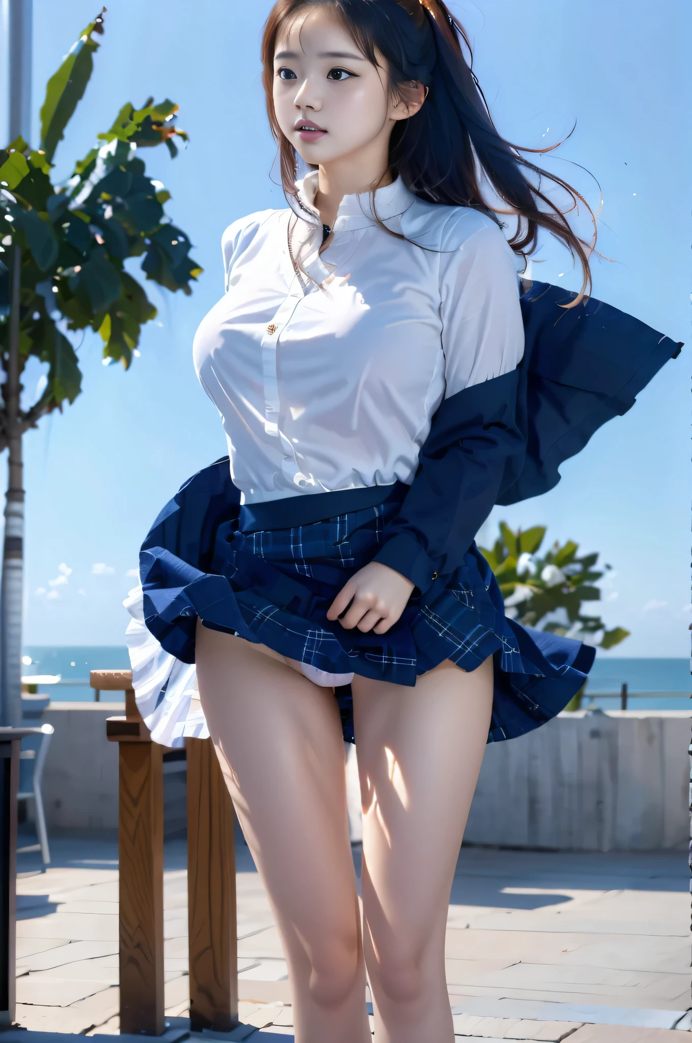 {(top-quality、8K、32K、​masterpiece、nffsw:1.2)}} ,wearing a dress on the balcony,(Facing the front) (embarassed expression)), (((The skirt is rolled up by the wind)))