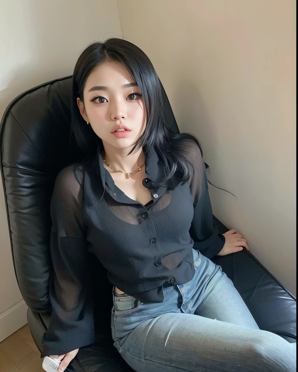 mulher araffe sentada em uma cadeira com um controle remoto, menina coreana, beautiful south Mulher coreana, gorgeous young Mulher coreana, Heonhwa Choe, Mulher coreana, beautiful young Mulher coreana, usando uma blusa, Modelo de moda feminina coreana, atriz da Coreia, cruel korean goth girl, 韓国アイドル, Lee Ji-eun, Lee Ji - Eun, com preto