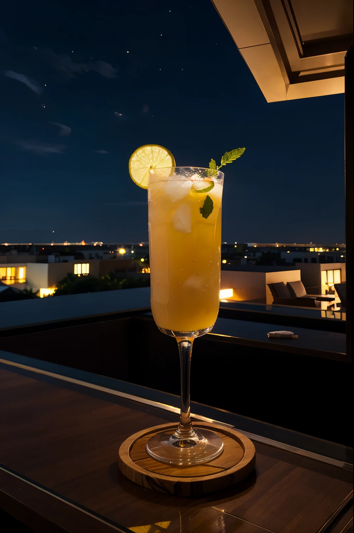 Glass of mocktail on a rooftop hotel in night