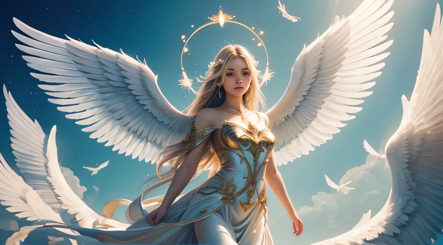 (best quality,4k,8k,highres,masterpiece:1.2),ultra-detailed,realistic,angel wings,heavenly,beautiful detailed wings,serene environment,vibrant colors,soft lighting,ethereal,feathers,graceful movements,white and gold color palette,celestial beings,divine,heavenly rays,glowing halo,peaceful ambiance,serenity and tranquility,airy and floating,sublime beauty,spiritual realm,wings of an angel,luminous,angelic presence,heavenly choir,captivating,gentle breeze,ethereal glow,celestial beings,soaring through the clouds,beams of light,paradise,legendary creatures,divine intervention,angelic essence,guardian angel,uplifting,empowering,inspiring scenery,dreamlike,divine guidance,supernatural,heaven's gate,descending from heaven,seraphic beings,radiant light