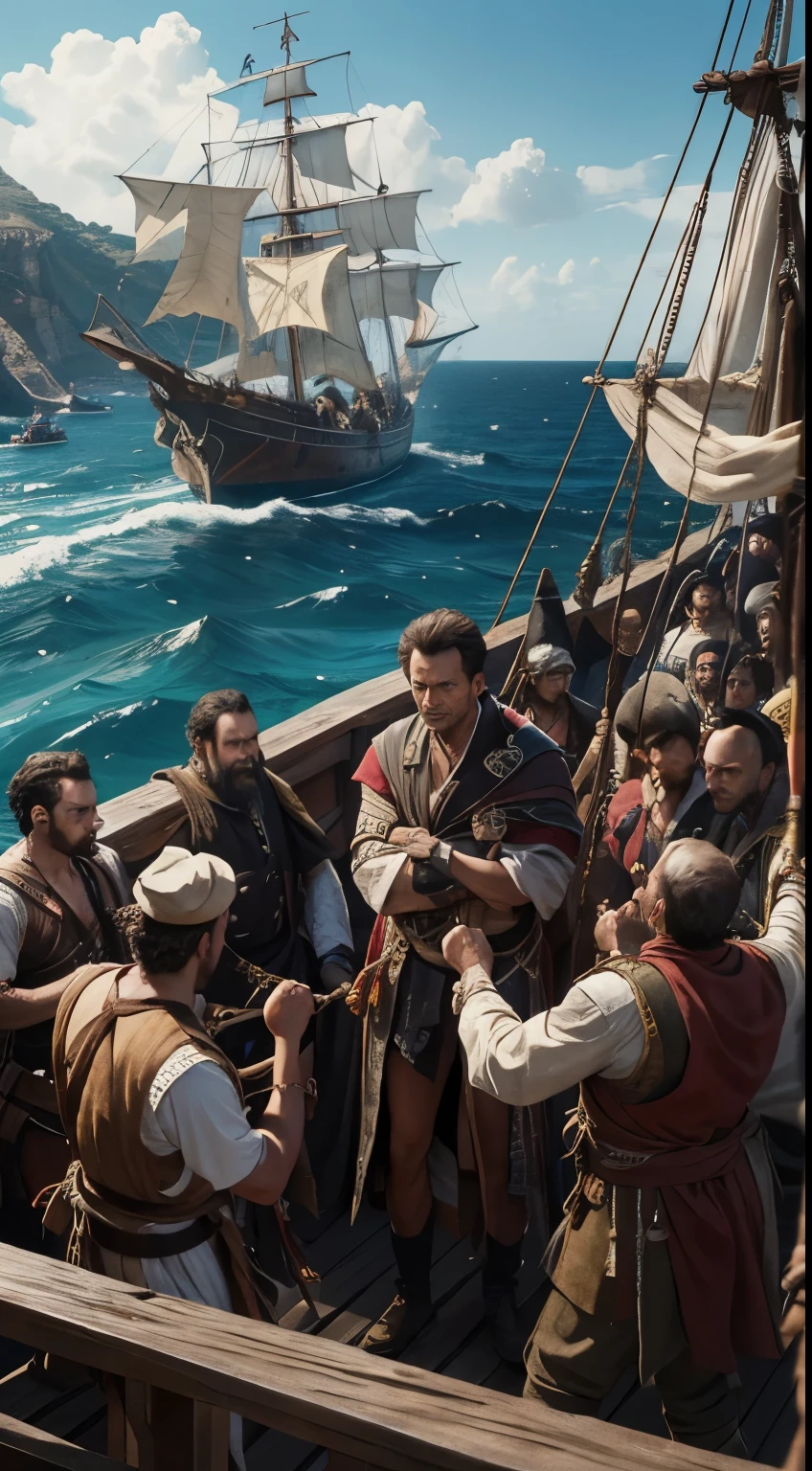 hyper realistic image of a young Julius Caesar tied up, surrounded by rough-looking pirates on a wooden ship deck, a sense of tension in the air, historical clothing, Mediterranean Sea in the background