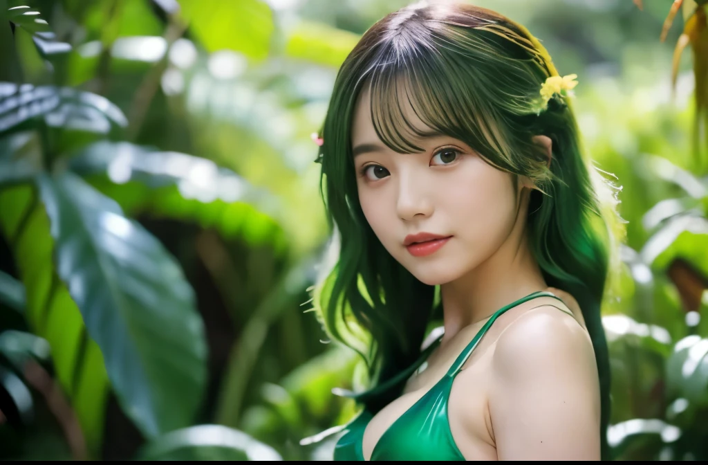 "8K resolution, RAW photo quality, Masterpiece level: 1.2, Photo-realistic style: 1.4, Extremely detailed 8K wallpaper, Cinematic lighting, Sharp focus, Full body, 20-year-old Japanese idol and actress, Perfect and shiny skin, Green hair, Green hair, Green hair, Green bikini, Lush and vibrant garden, Sensual elegance, Allure and serenity, Nature connection, Dense tropical rainforest, Luxurious garden, Lush greenery, Exotic flowers, Vines, Natural abundance, Sexy pose, slender, Mysterious atmosphere."