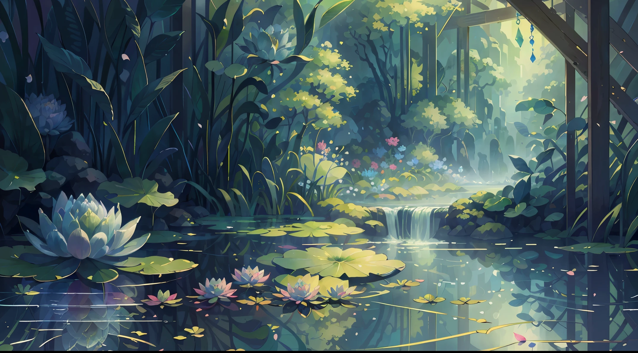 Original,(illustratio:1.1),(best qualtiy),(tmasterpiece:1.1),(the Extremely Detailed CG Unity 8K Wallpapers),(a color:1.2),water lilies,Water lily petals,scenecy,rios|Wagas,