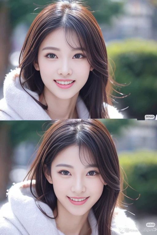 Beautiful woman with good eyes and nose、Beautiful as a model、Cute like a model、Eyes are double、How to use regular mascara、Eye color blue、Hair color pink、Her face is delicate and elegant.、8k picture、Beautiful style like a model、Ordinary large、A refreshing and lovely smile、snowball fight scene、Contains 2 types of scenes: inside and outside the house、Pose like a model、Overall portrait、Snapshots、Glamaloid Smile、Beautiful and delicate face like a model、Best Quality、masuter piece、Cute smile、 Elegant beauty、The season is winter、natural make up、Thin eye shadow、A little more bust up、