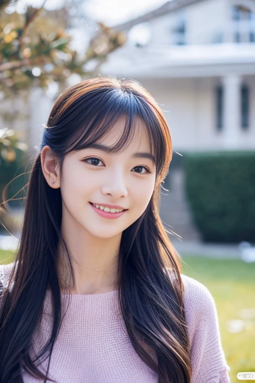 Beautiful woman with good eyes and nose、Beautiful as a model、Cute like a model、Eyes are double、How to use regular mascara、Eye color blue、Hair color pink、Her face is delicate and elegant.、8k picture、Beautiful style like a model、Ordinary large、A refreshing and lovely smile、snowball fight scene、Contains 2 types of scenes: inside and outside the house、Pose like a model、Overall portrait、Snapshots、Glamaloid Smile、Beautiful and delicate face like a model、Best Quality、masuter piece、Cute smile、 Elegant beauty、The season is winter、natural make up、Thin eye shadow、A little more bust up、