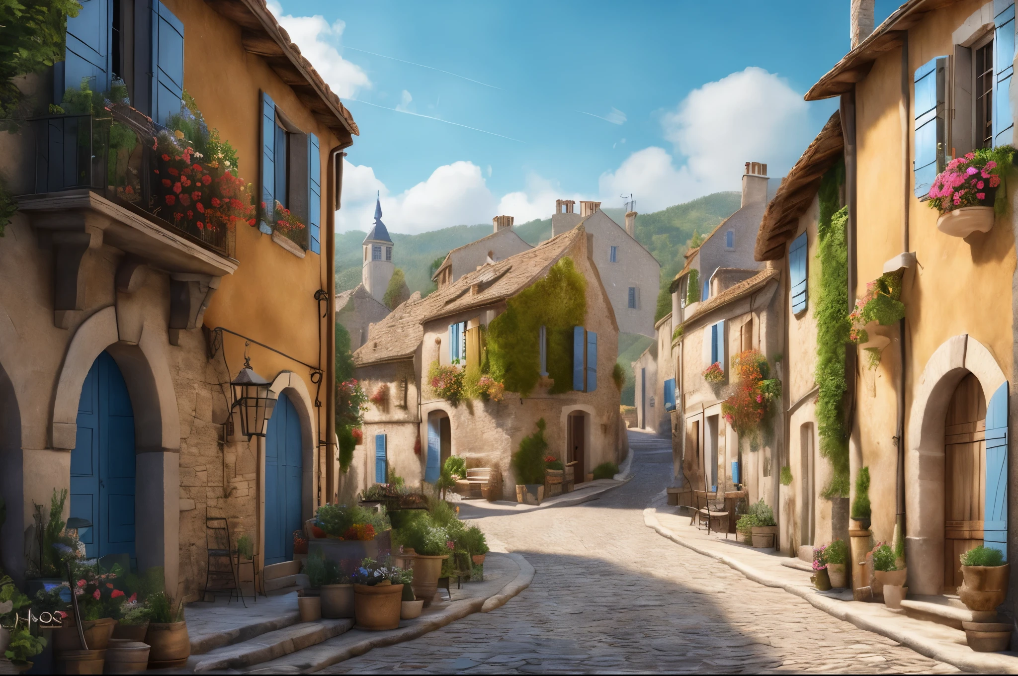 there is a cobblestone street with a cobble stone road between two buildings, french village exterior, quaint village, french village interior, photorealistic streetscape, villages , unreal engine, realistic photo of a town, lourmarin, style of raphael lacoste, beautiful mattepainting, martin raphael lacoste, 3d rendered matte painting, medieval town landscape