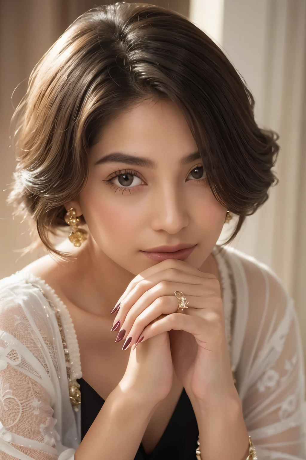 scene of pure elegance and style, capturing the vibrant essence of a woman's nails. The background is delicately composed of a neutral surface, destacando a estrela principal: o vidrinho de esmalte aberto, revelando a tonalidade rica e envolvente.